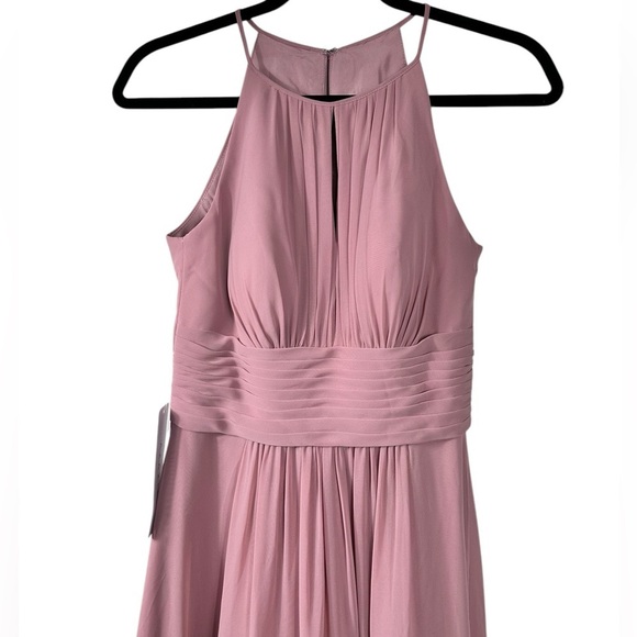 Azazie “Bonnie” chiffon A-line bridesmaid long dress, S halter neckline ruched - Picture 4 of 15